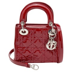 Used Dior Red Cannage Patent Leather Mini Lady Dior Tote