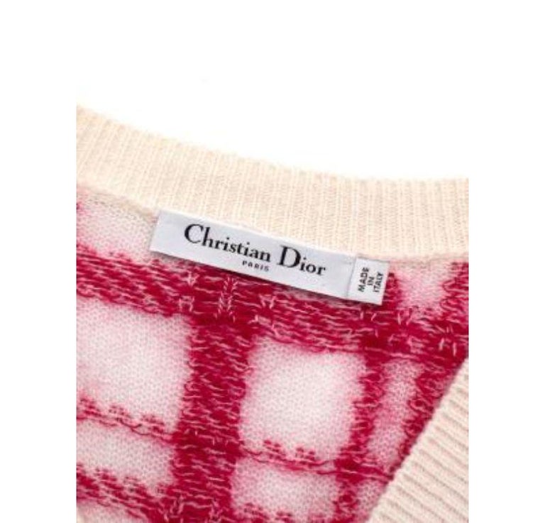 Dior Red and Cream Check Knit Wool Cardigan with Logo Buttons For Sale ...
