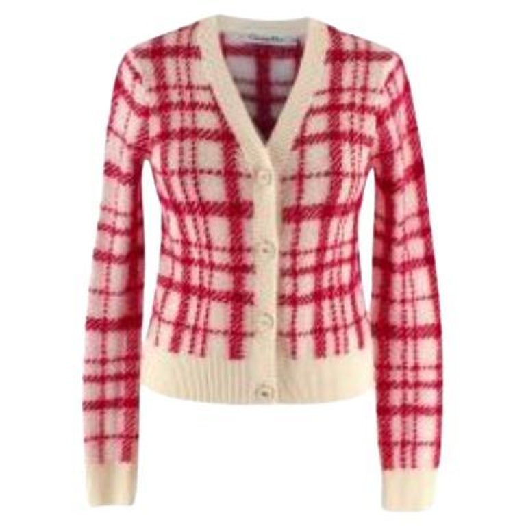 Dior Red and Cream Check Knit Wool Cardigan with Logo Buttons For Sale ...