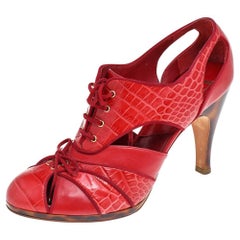 Dior Red Croc Embossed Leather And Leather Oxford Lace Up Booties