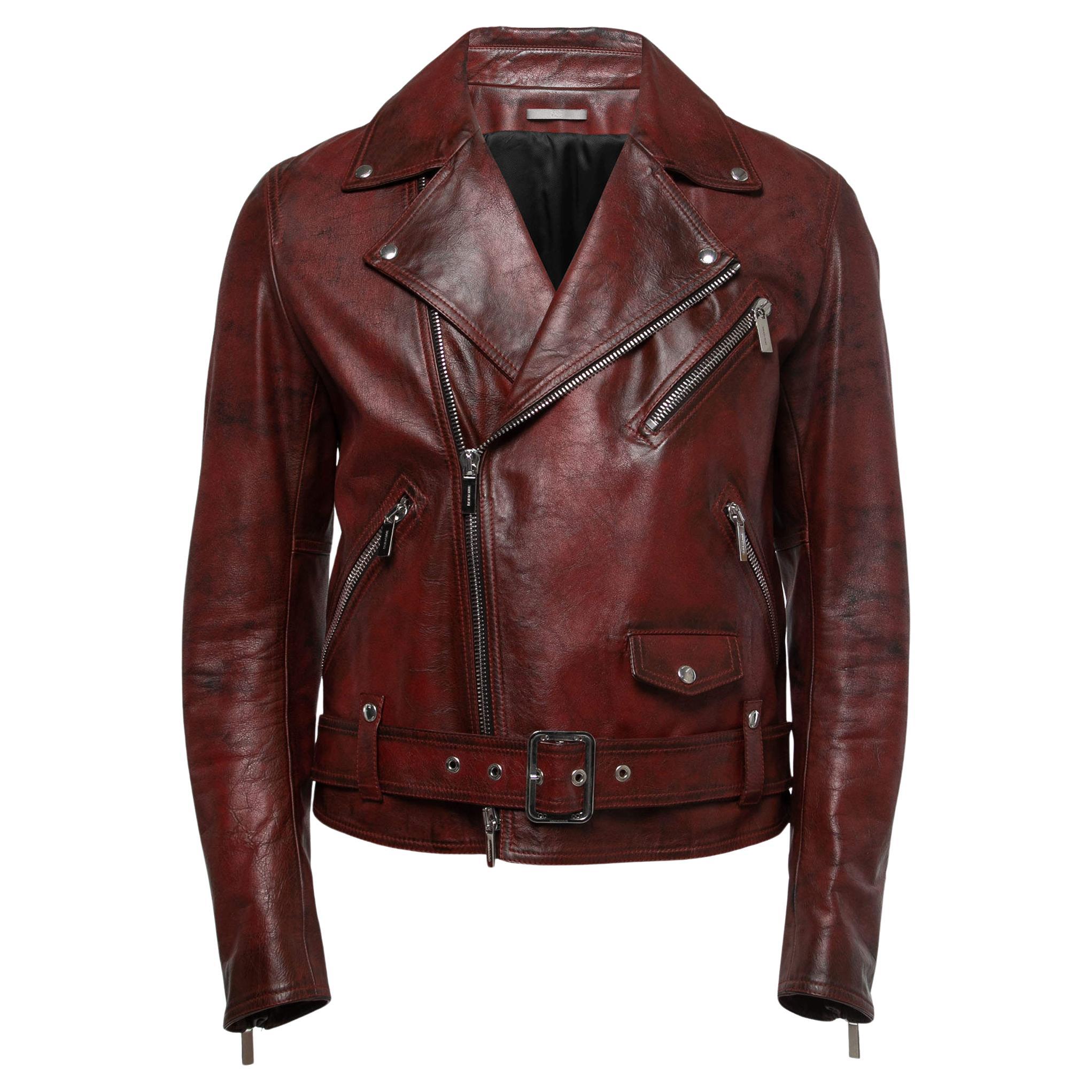 Dior Red Distressed Leather Moto Jacket  For Sale