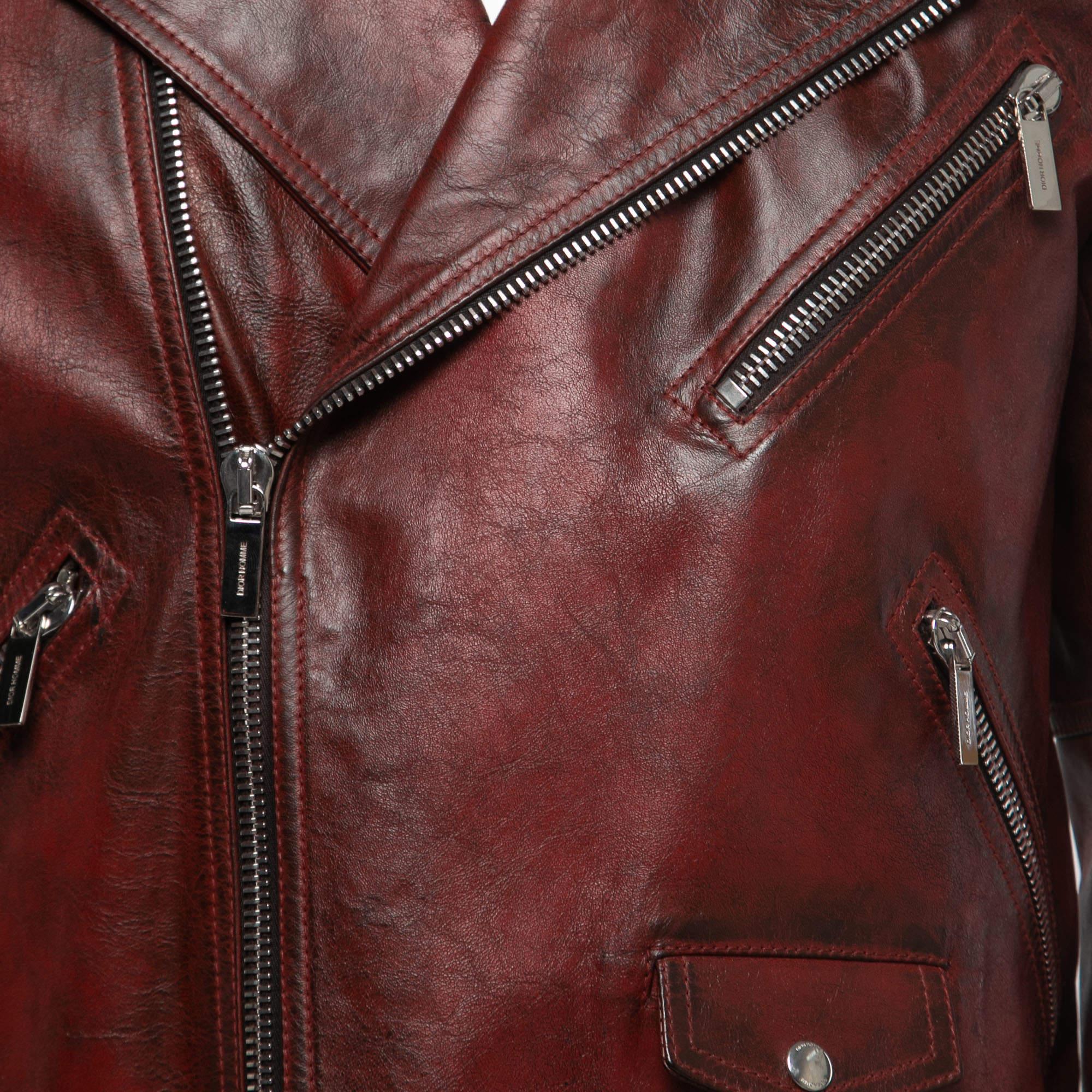 Cazadora motera de piel envejecida roja Dior M en venta 2