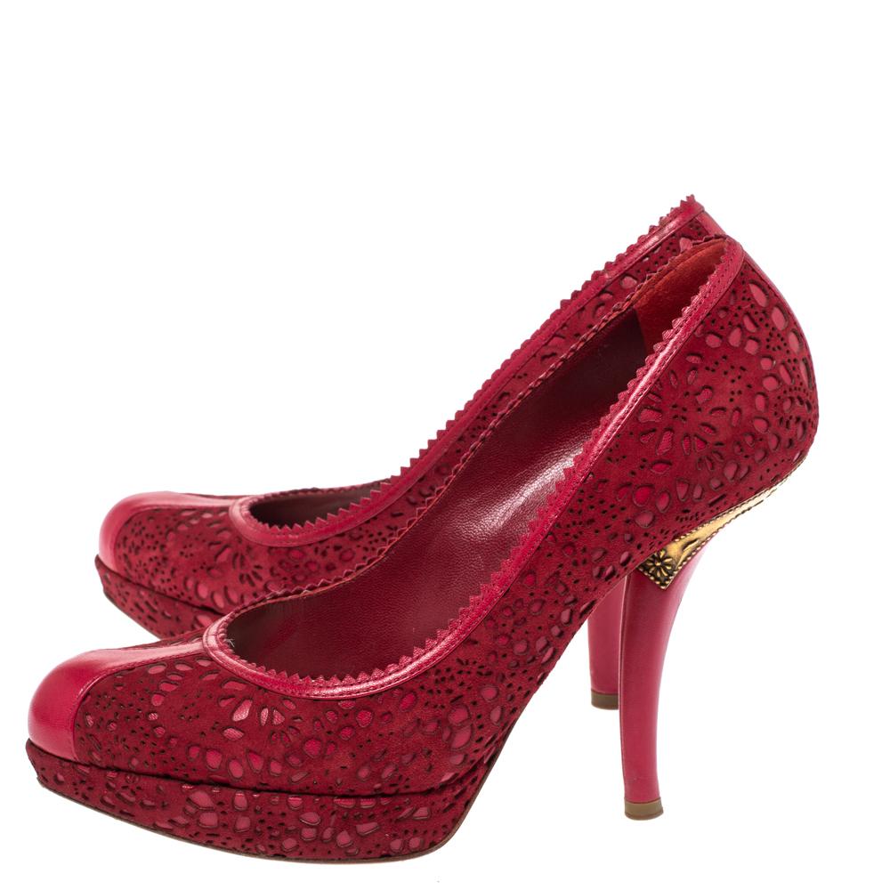 Dior Red Leather and Laser Cut Suede Dior Byz Platform Pumps Size 37.5 1