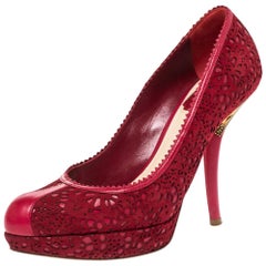 Dior Red Leather and Laser Cut Suede Dior Byz Platform Pumps Size 37.5