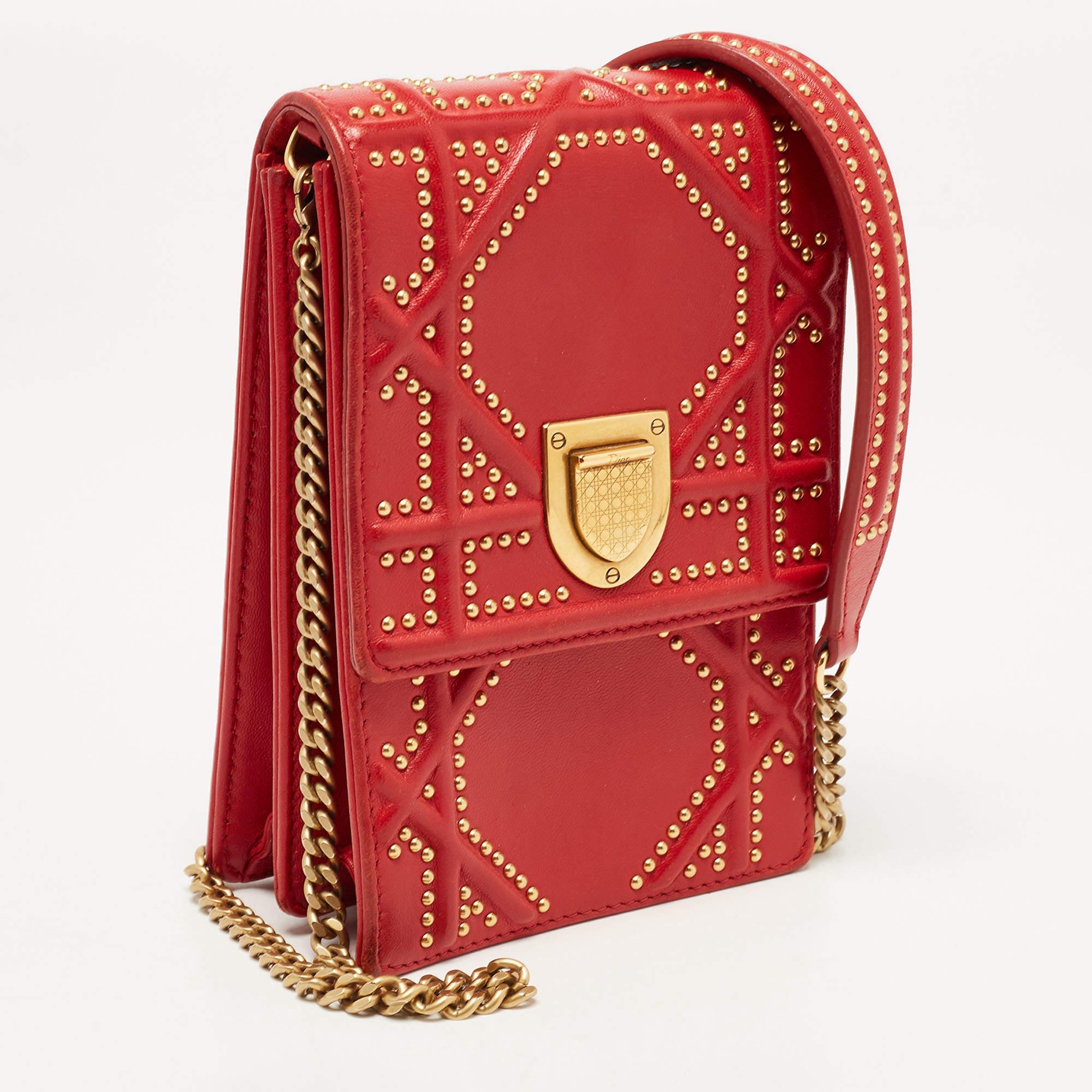 Women's Dior Red Leather Diorama Studded Vertical Chain Clutch