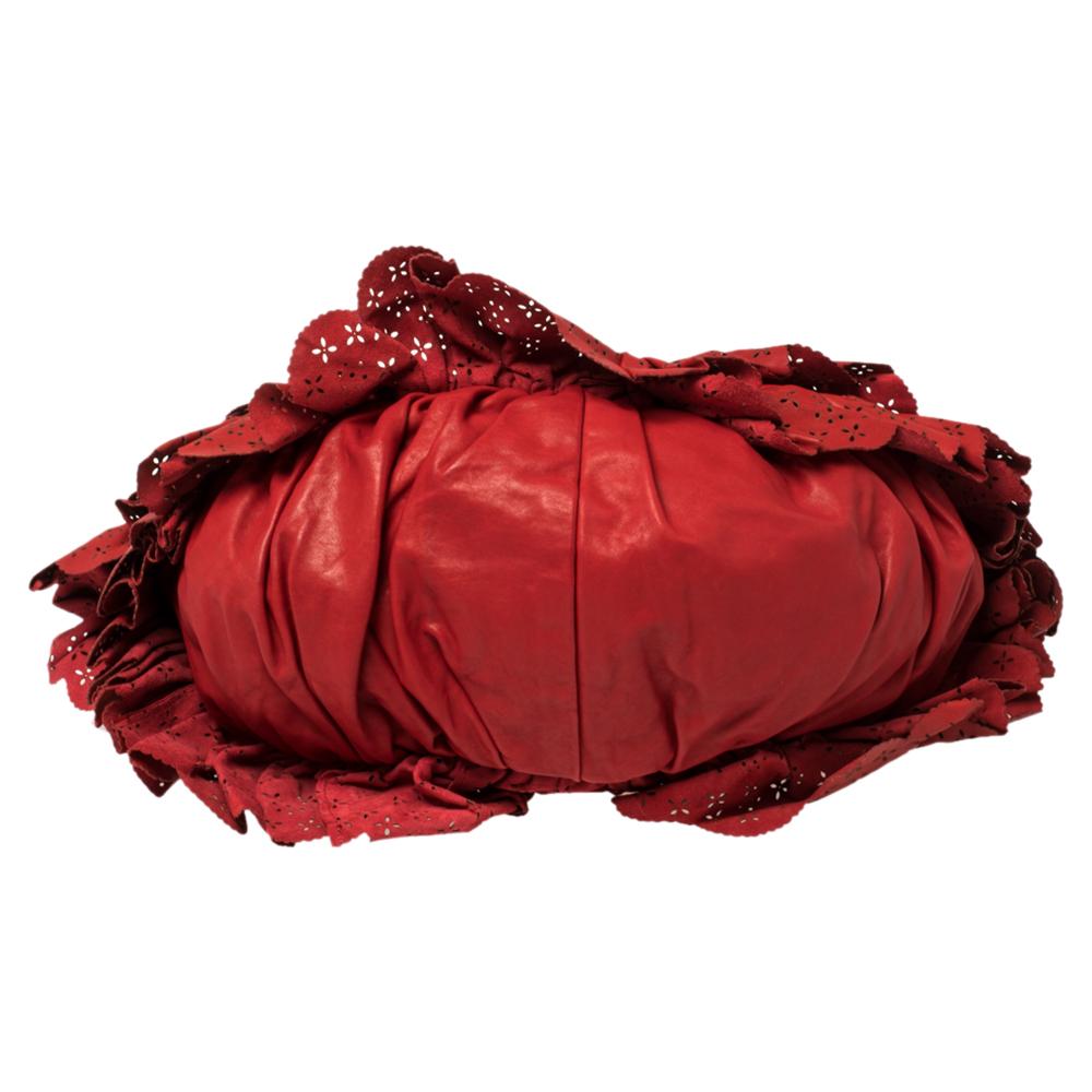 Women's Dior Red Leather Large Gypsy Ruffle Hobo