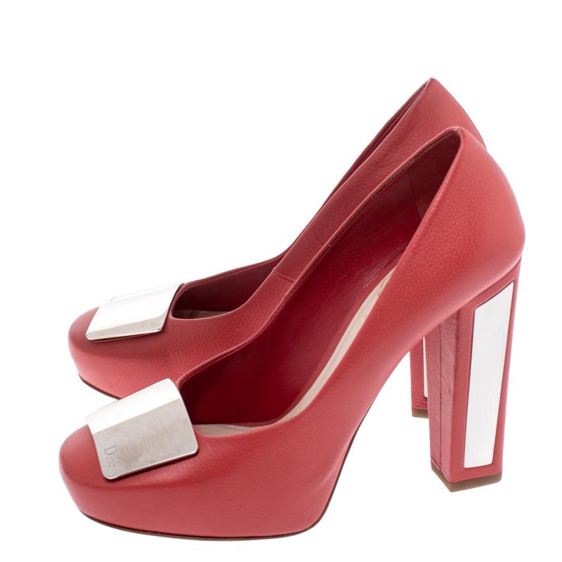 Women's Dior Red Leather Metal Plate Block Heel Pumps Size 38