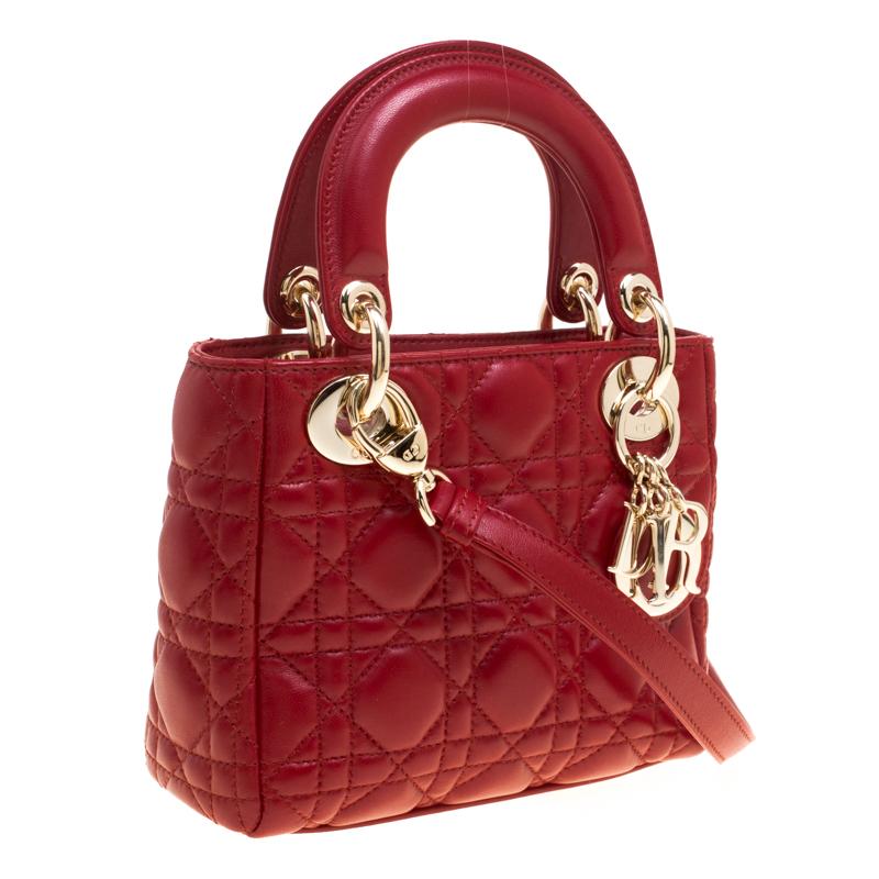 Dior Red Leather Mini Lady Dior Top Handle Bag 5