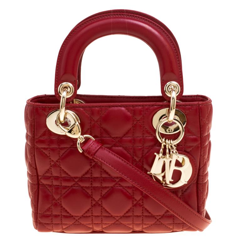 Dior Red Leather Mini Lady Dior Top Handle Bag