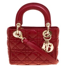 Used Dior Red Leather Mini Lady Dior Top Handle Bag