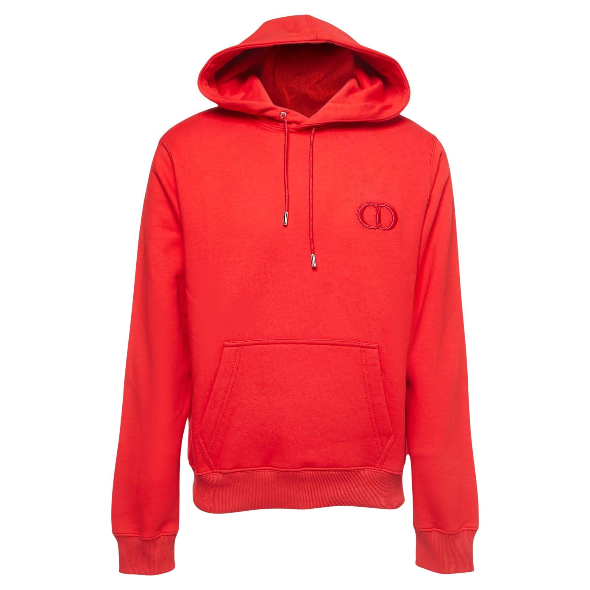 Dior Red Logo Embroidered Cotton Hoodie L For Sale