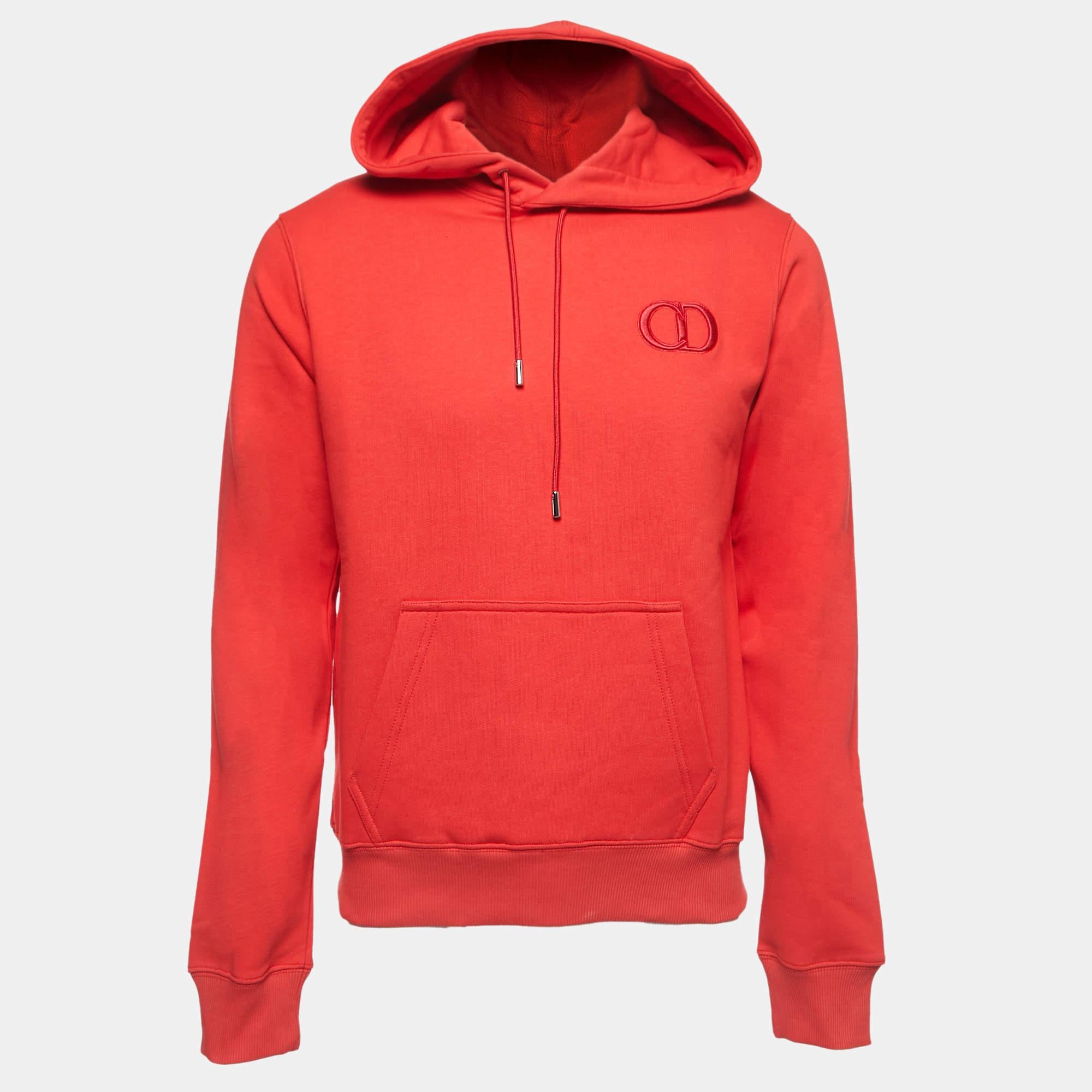 Dior Red Logo Embroidered Cotton Hoodie S In Excellent Condition For Sale In Dubai, Al Qouz 2