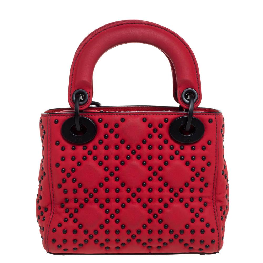 Dior Red Matte Studded Leather Mini Lady Dior Tote at 1stDibs