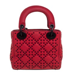 Dior Red Matte Studded Leather Mini Lady Dior Tote
