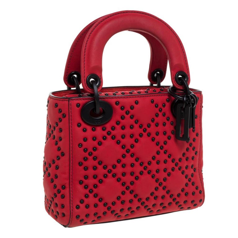 Dior Red Matte Studded Leather Mini Lady Dior Tote at 1stDibs