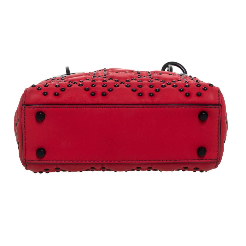 Dior Red Matte Studded Leather Mini Lady Dior Tote 3