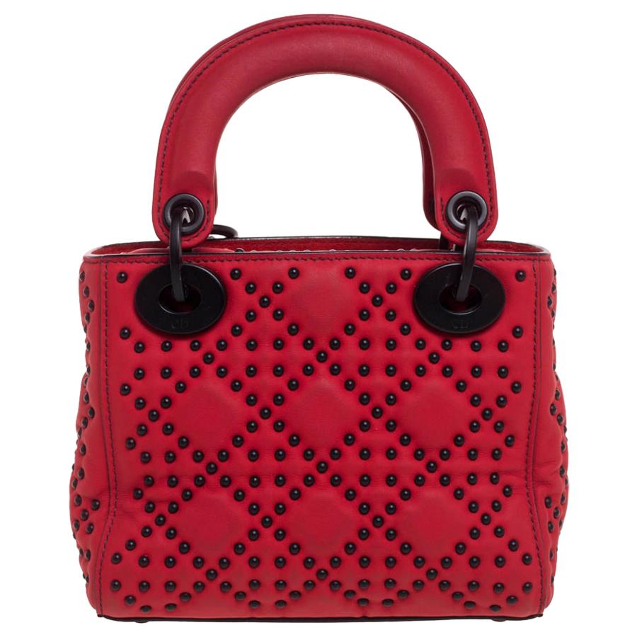 Dior Red Matte Studded Leather Mini Lady Dior Tote