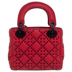 Used Dior Red Matte Studded Leather Mini Lady Dior Tote