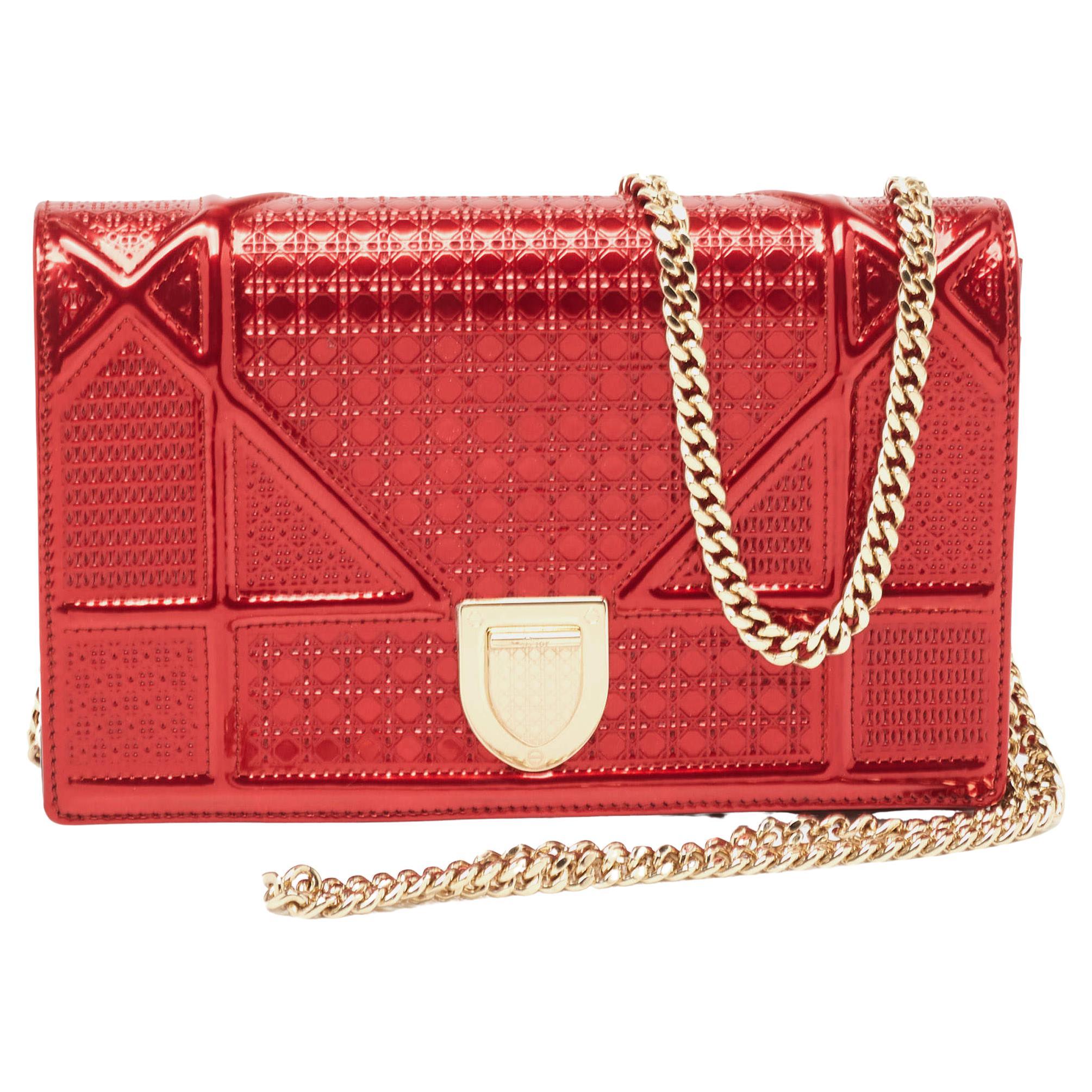 Dior Red Micro Cannage Patent Leather Diorama Wallet On Chain