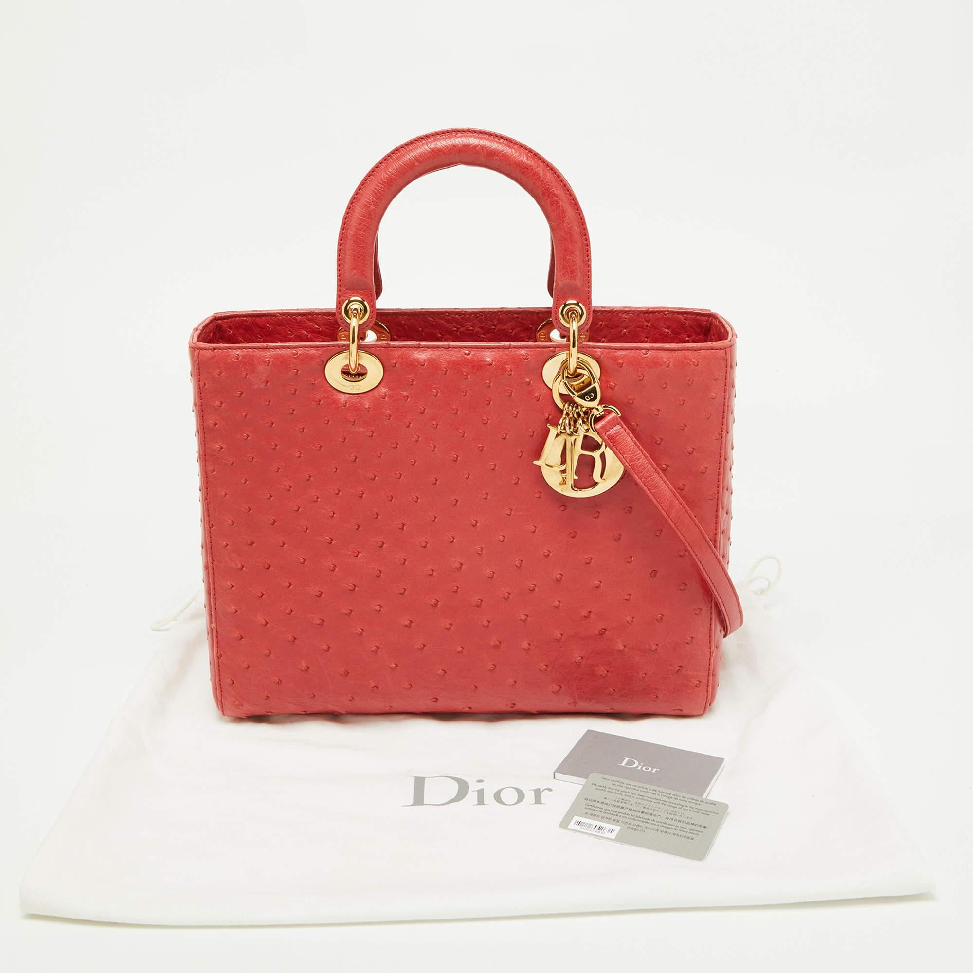Dior Red Ostrich Large Lady Dior Tote For Sale 11
