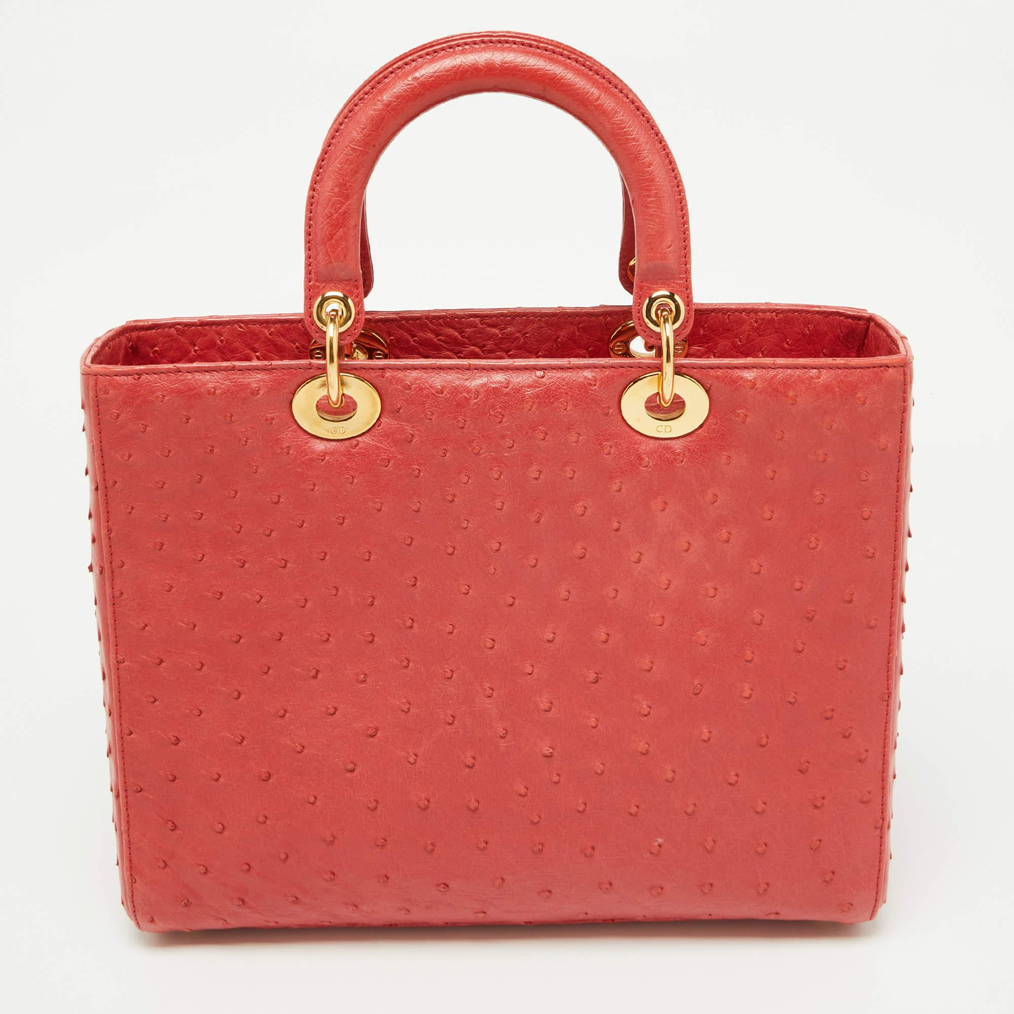Dior Red Ostrich Large Lady Dior Tote For Sale 1