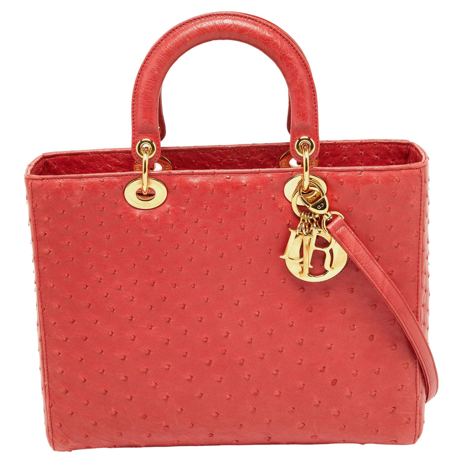 Dior Red Ostrich Large Lady Dior Tote For Sale