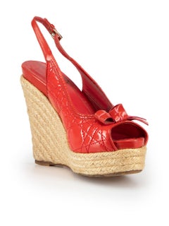 Dior Red Patent Bow Cannage Espadrille Wedges Size IT 38