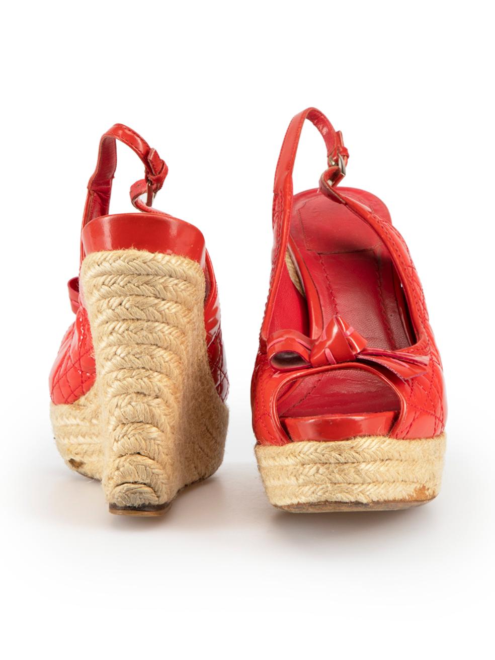 Dior Red Patent Bow Cannage Espadrille Wedges Size IT 38 In Good Condition For Sale In London, GB