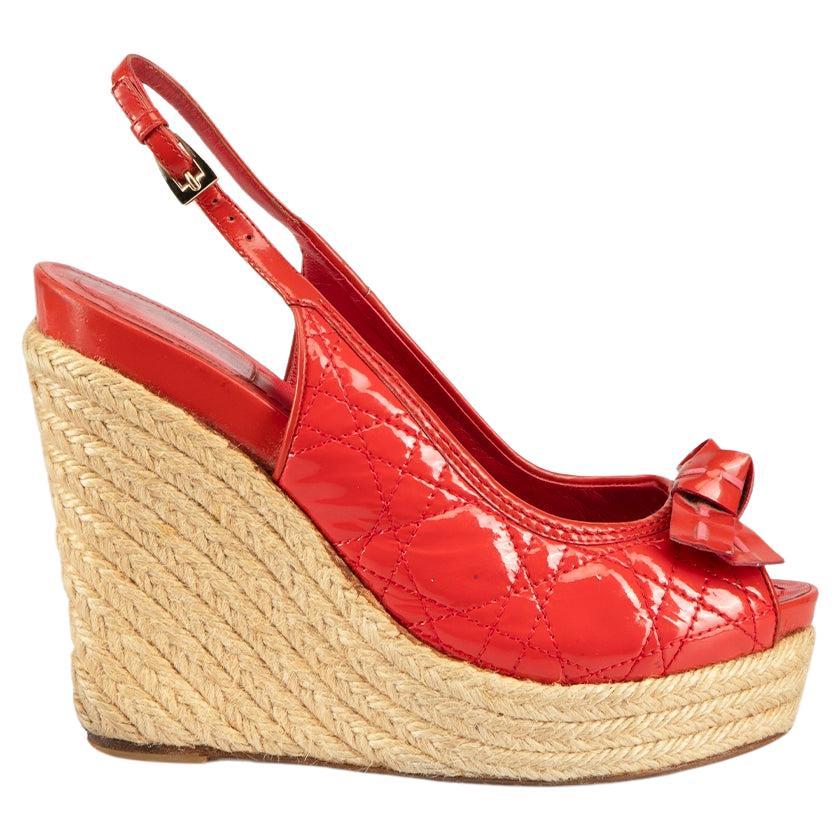 Dior Red Patent Bow Cannage Espadrille Wedges Size IT 38 For Sale