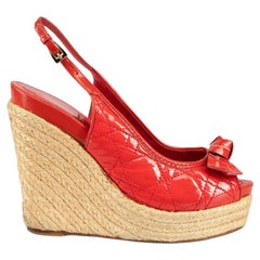 Used Dior Red Patent Bow Cannage Espadrille Wedges Size IT 38