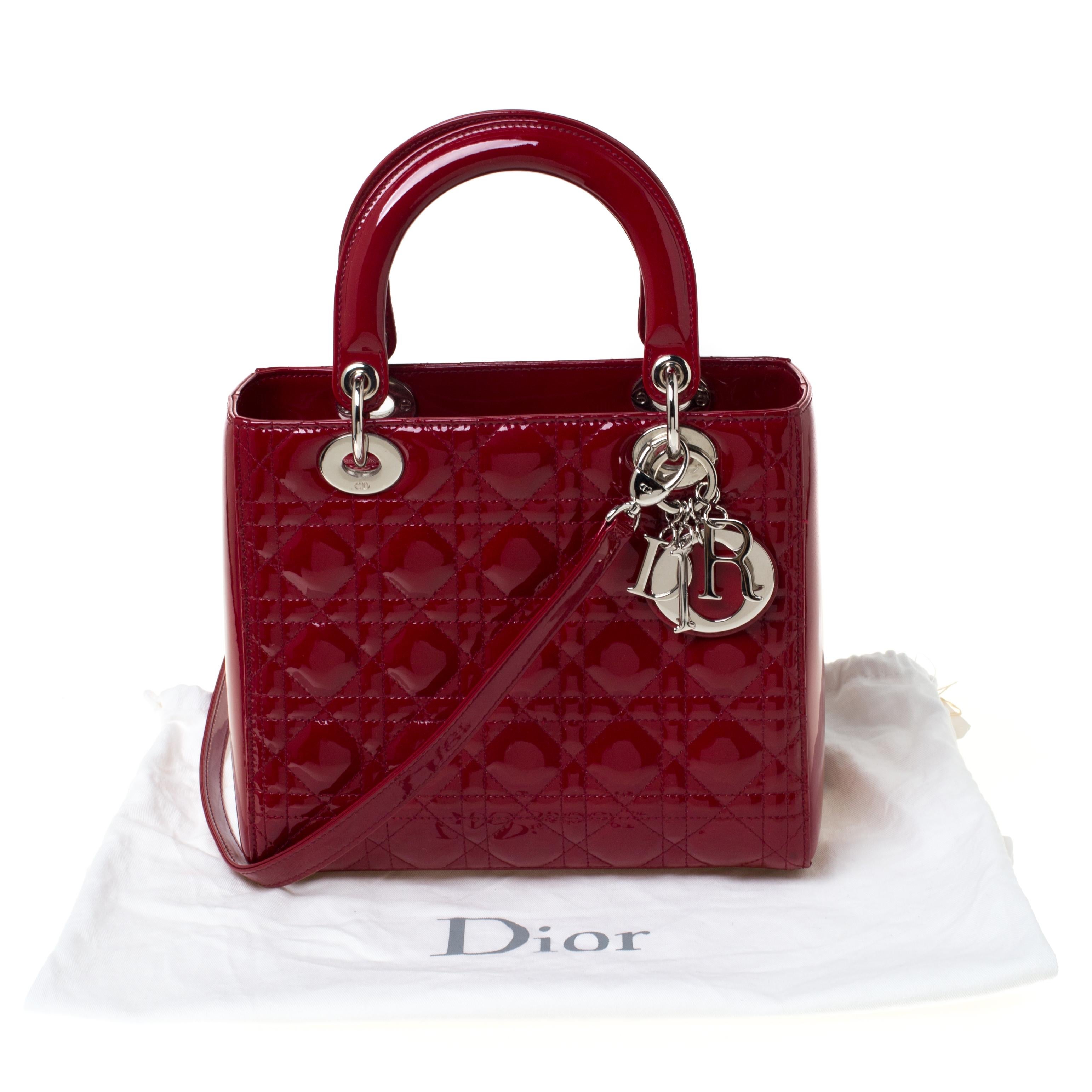 Dior Red Patent Cannage Quilted Leather Medium Lady Dior Tote 8