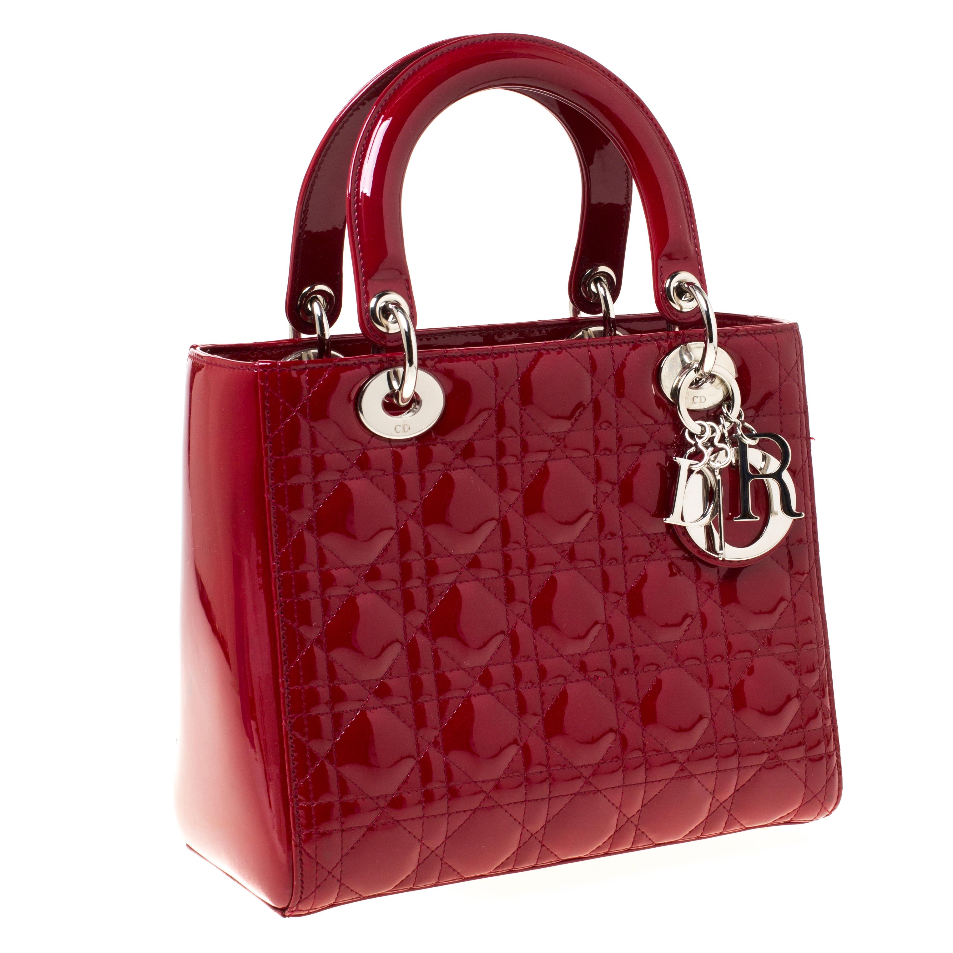 Women's Dior Red Patent Cannage Quilted Leather Medium Lady Dior Tote