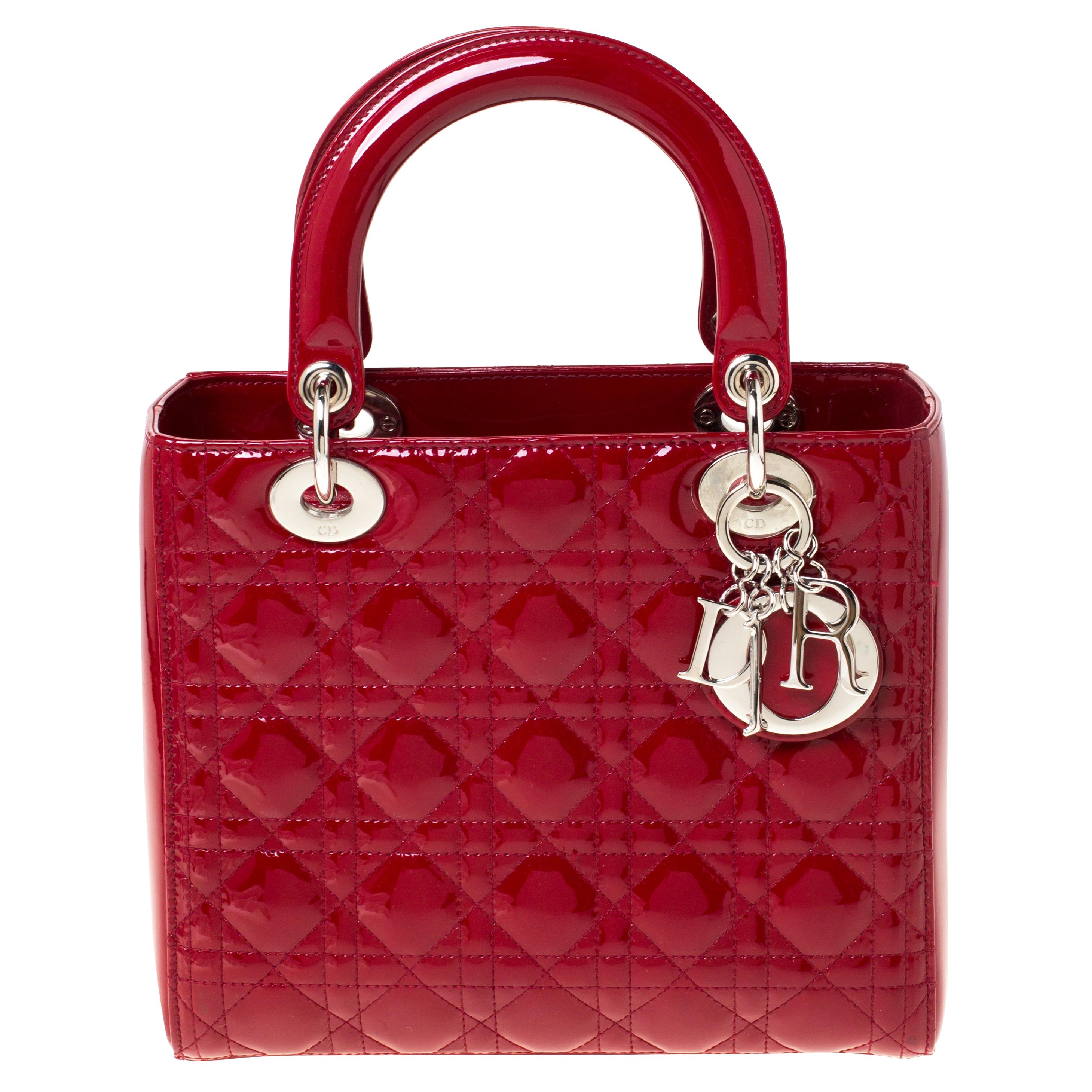 Dior Red Patent Cannage Quilted Leather Medium Lady Dior Tote