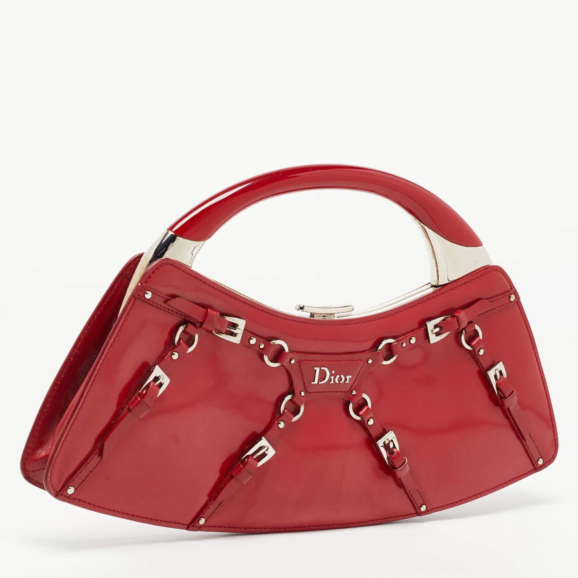 Women's Dior Red Patent Leather Bondage Frame Hobo