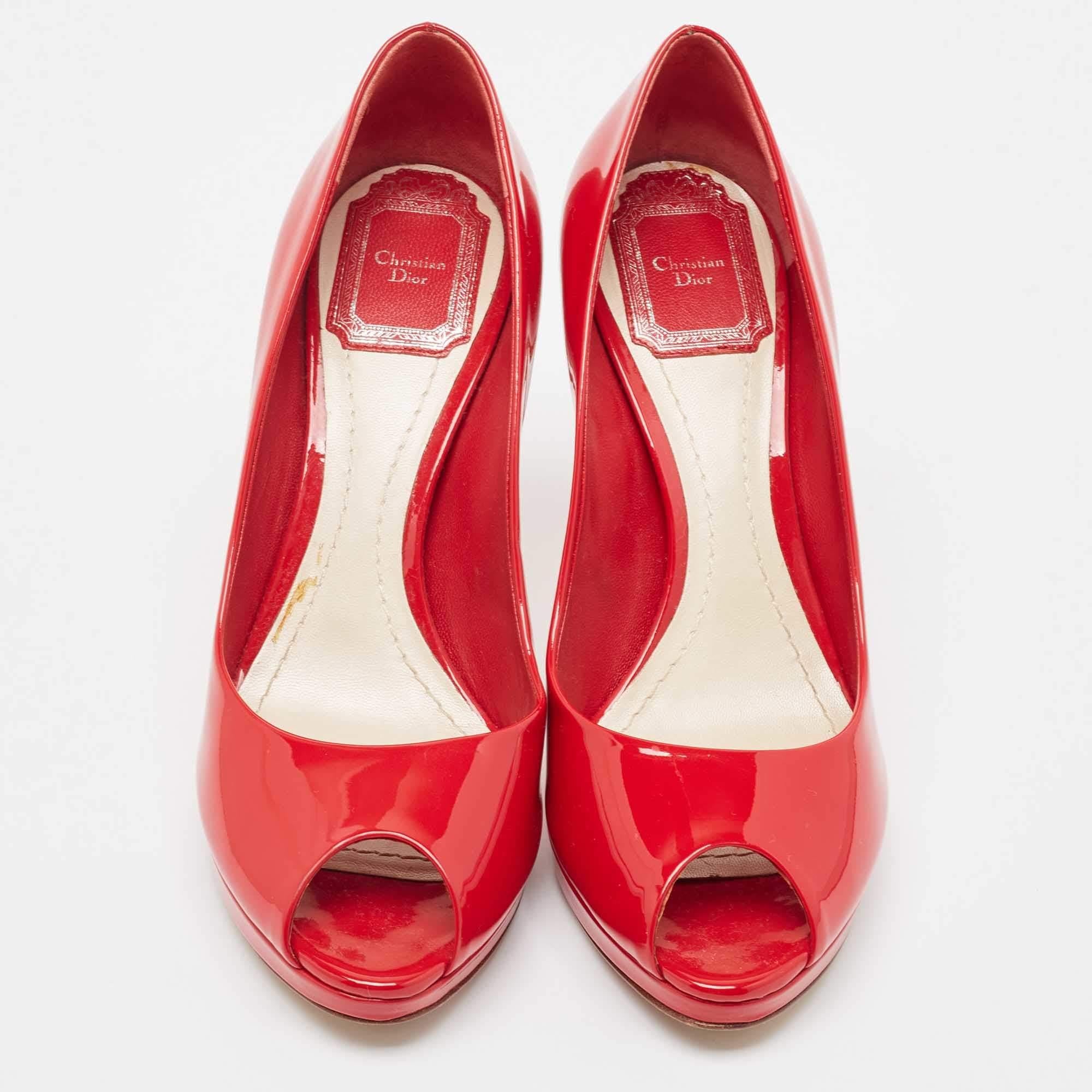 Rosso Dior Red Patent Leather Peep Toe Platform Pumps Taglia 37