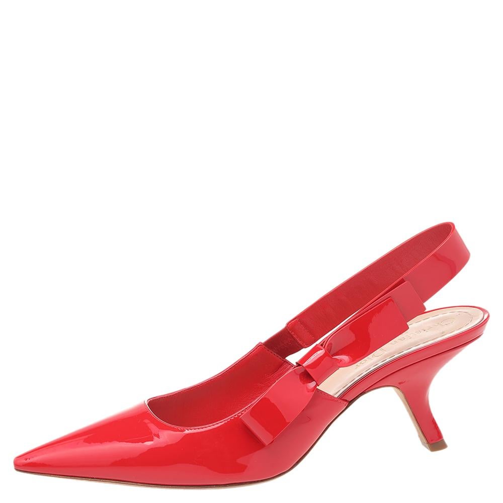 A coveted Dior silhouette that's loved by women around the world. These red Dior sandals in patent leather are styled with pointed toes and slingbacks. They are complete with comfortable leather insoles and curved heels.

Includes: Original Dustbag,