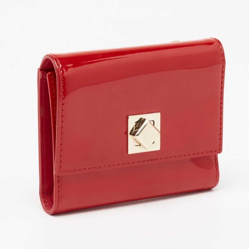 Women's Dior Red Patent Leather Turnlock Trifold Compact Wallet