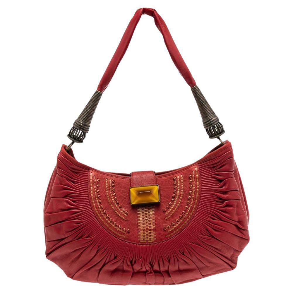 Dior Red Pleated Leather Plisse Hobo For Sale