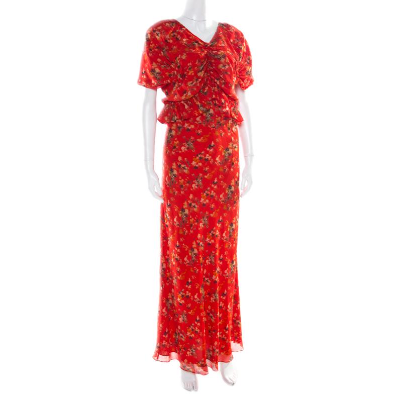 Dior Red Printed Gathered Ruffle Detail Maxi Dress S In Good Condition In Dubai, Al Qouz 2