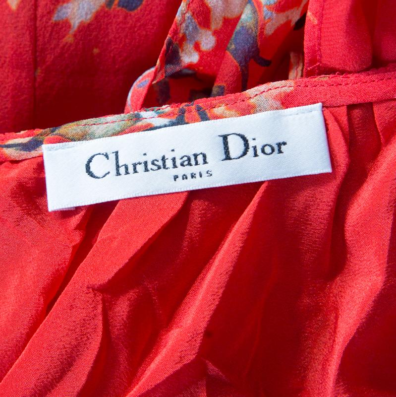 Women's Dior Red Printed Gathered Ruffle Detail Maxi Dress S