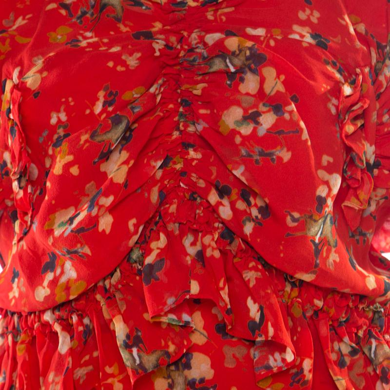 Dior Red Printed Gathered Ruffle Detail Maxi Dress S 1