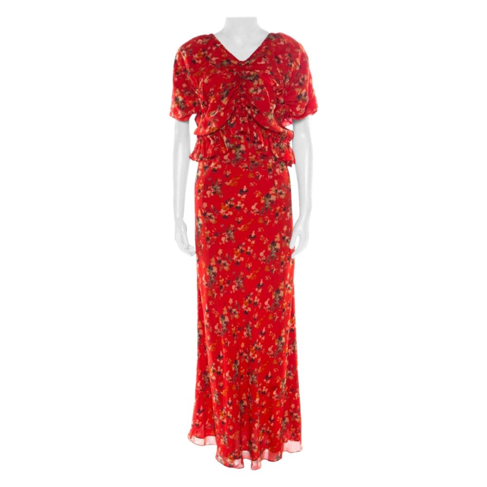 Dior Red Printed Gathered Ruffle Detail Maxi Dress S