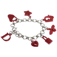 Dior Red Resin Multi Charm Silver Tone Link Bracelet