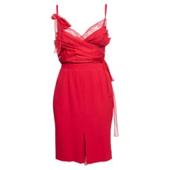 Dior Red Silk Lace Detailed Ruched Sleeveless Midi Dress S