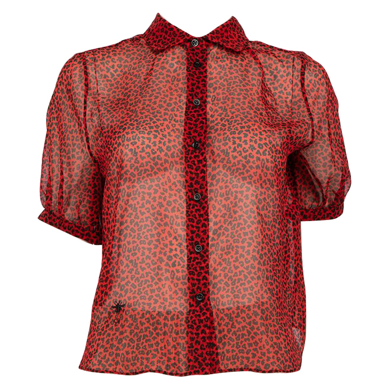 Dior Red Silk Leopard Print Sheer Blouse Size XS