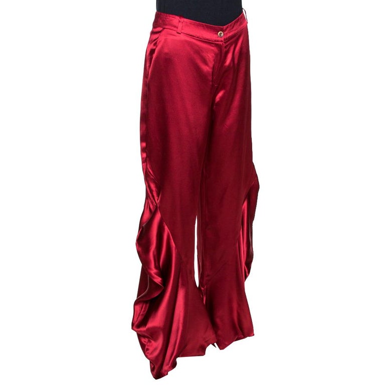 Dior Red Silk Satin Ruffle Detail Wide Leg Pants M at 1stDibs
