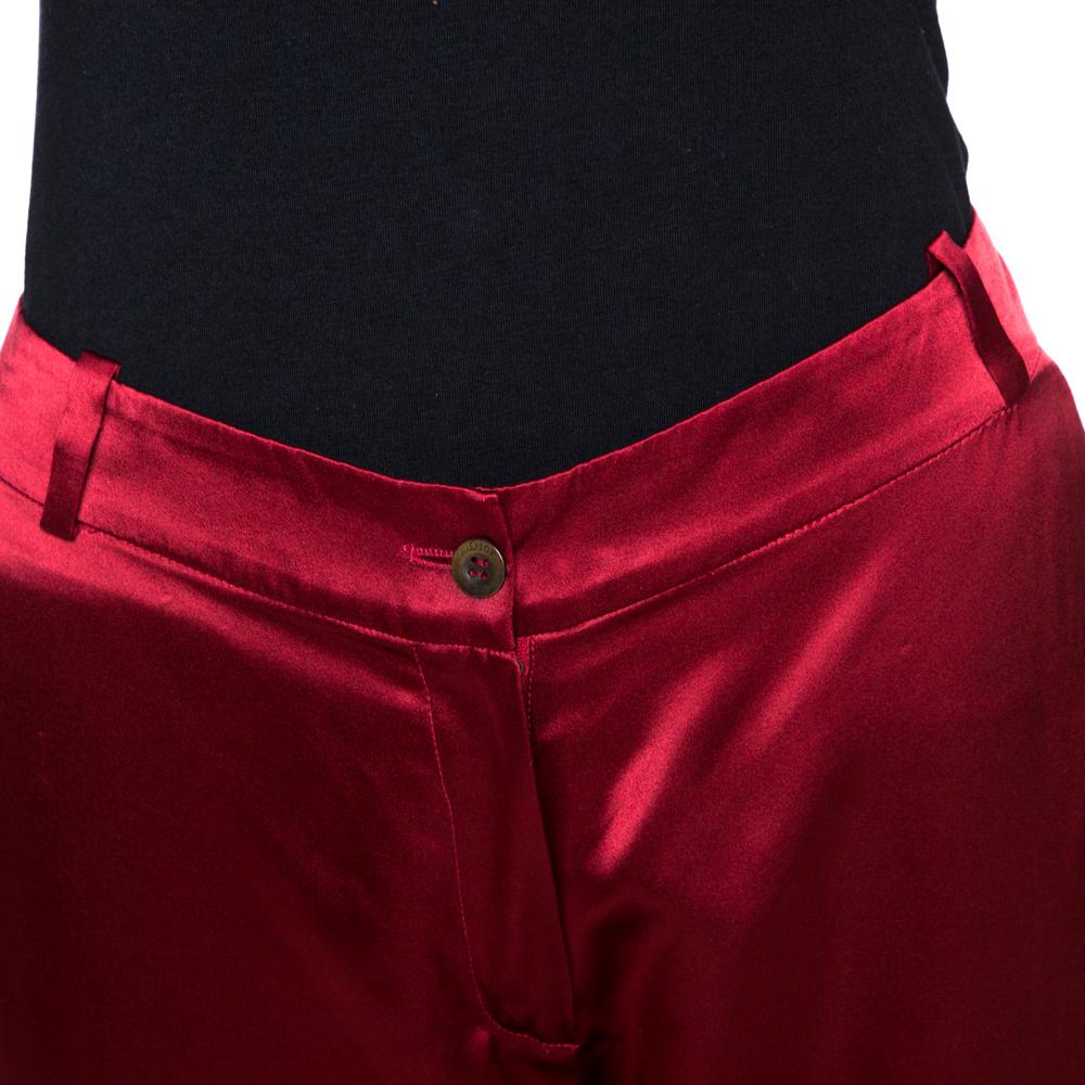 Dior Red Silk Satin Ruffle Detail Wide Leg Pants M In Good Condition In Dubai, Al Qouz 2