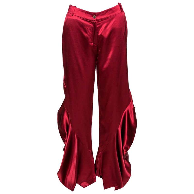 Dior Red Silk Satin Ruffle Detail Wide Leg Pants M at 1stDibs