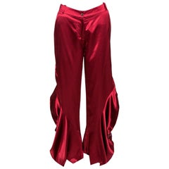Dior Red Silk Satin Ruffle Detail Wide Leg Pants M