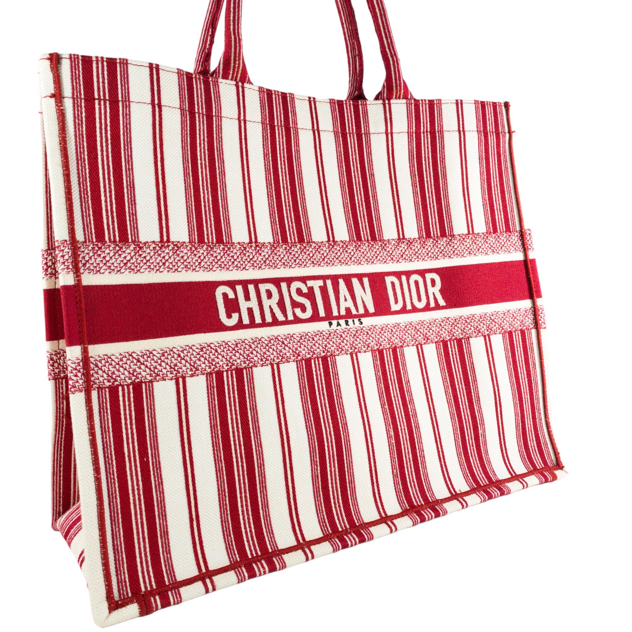 Beige Dior Red Striped Embroidered Large Book Tote  For Sale